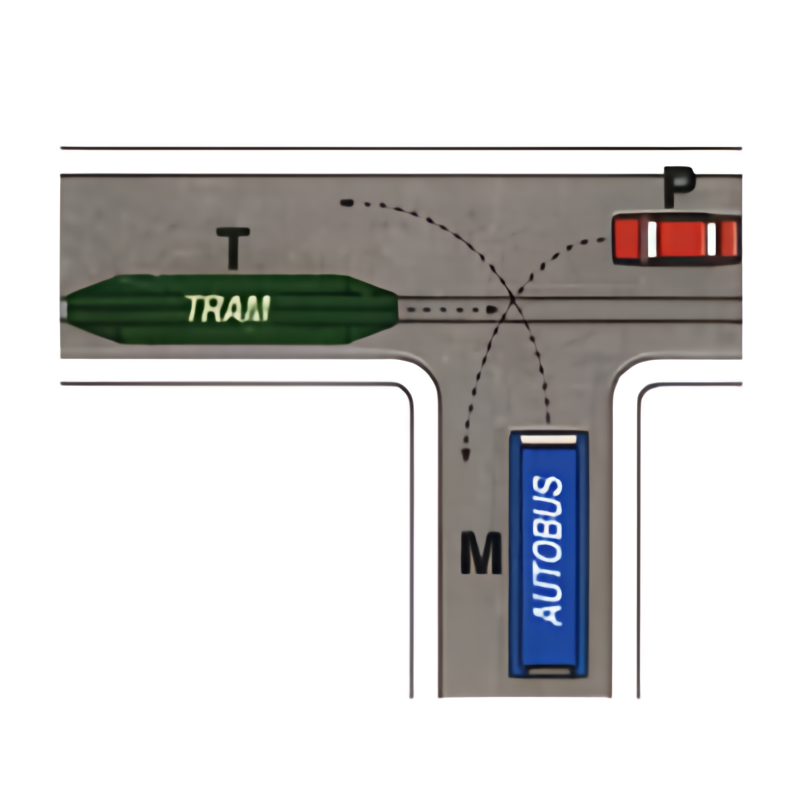Incrocio con tram T, veicolo P e autobus M
