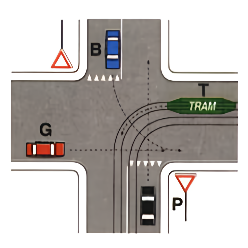 Incrocio con tram T e veicoli G, P, B